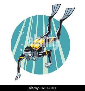 Illustration vecteur de plongée. Plongeur natation en combinaison, masque, palmes et de l'équipement pour la respiration à l'arrière. Eau extrême sport. Illustration de Vecteur