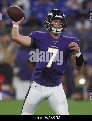 Baltimore, Maryland, USA. Le 08 août, 2019. Baltimore Ravens QB McSorley Trace (7) en action lors d'un match pré-saison contre les jaguars de Jacksonville au M&T Bank Stadium à Baltimore, Maryland, le 8 août 2019. Photo/ Mike Buscher/Cal Sport Media Credit : Cal Sport Media/Alamy Live News Banque D'Images