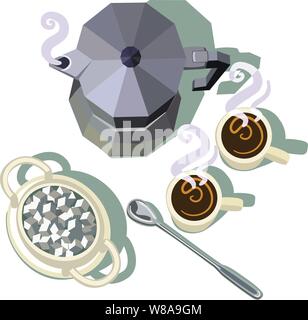 Espresso Coffee brewer avec 2 tasses de café fumant une cuillère et un grand bol de sucre Sucre en cubes de fulll Illustration de Vecteur