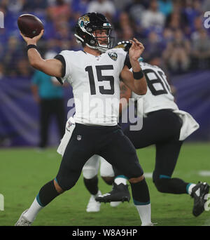 Baltimore, Maryland, USA. Le 08 août, 2019. Jacksonville Jaguars QB Minshew Gardner (15) en action lors d'un match pré-saison contre les Ravens de Baltimore au M&T Bank Stadium à Baltimore, Maryland, le 8 août 2019. Photo/ Mike Buscher/Cal Sport Media Credit : Cal Sport Media/Alamy Live News Banque D'Images