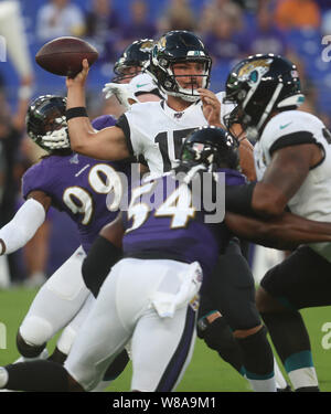 Baltimore, Maryland, USA. Le 08 août, 2019. Jacksonville Jaguars QB Minshew Gardner (15) en action lors d'un match pré-saison contre les Ravens de Baltimore au M&T Bank Stadium à Baltimore, Maryland, le 8 août 2019. Photo/ Mike Buscher/Cal Sport Media Credit : Cal Sport Media/Alamy Live News Banque D'Images