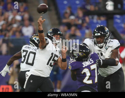 Baltimore, Maryland, USA. Le 08 août, 2019. Jacksonville Jaguars QB Minshew Gardner (15) en action lors d'un match pré-saison contre les Ravens de Baltimore au M&T Bank Stadium à Baltimore, Maryland, le 8 août 2019. Photo/ Mike Buscher/Cal Sport Media Credit : Cal Sport Media/Alamy Live News Banque D'Images