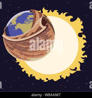 La terre couverte d'une épaisse couverture en face d'un très grand bien dans l'espace illustrant le réchauffement climatique Illustration de Vecteur