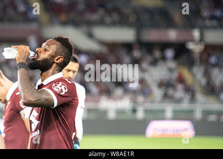 Turin, Italie. Le 08 août, 2019. Nicolas Nkoulou au cours de l'UEFA Europa League troisième tour de qualification match de foot entre Torino et FC Shakhtyor Soligorsk. Torino FC a gagné 5-0 contre Shakhtyor Soligorsk au Stadio Olimpico Grande Torino en Italie Turin, 8 août 2019 (Photo par Alberto Gandolfo/Pacific Press) Credit : Pacific Press Agency/Alamy Live News Banque D'Images