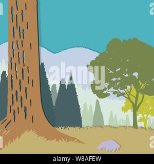 Couper le papier en couleur avec des forêts des montagnes et le tronc d'un grand arbre et un rocher au premier plan. Les deux composées de conifères et arbres et montagnes Illustration de Vecteur