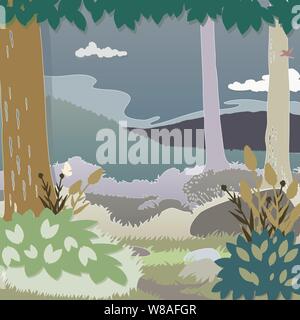 Couper le papier en couleur avec des forêts des montagnes et le tronc d'un grand arbre et un rocher au premier plan. Les deux composées de conifères et arbres et montagnes Illustration de Vecteur