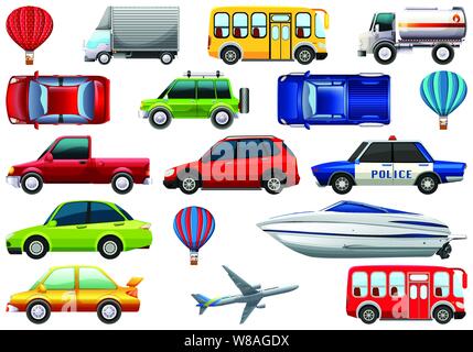 Pack de transport avec des voitures, camions, avions, bateaux, bus, balloon illustration Illustration de Vecteur