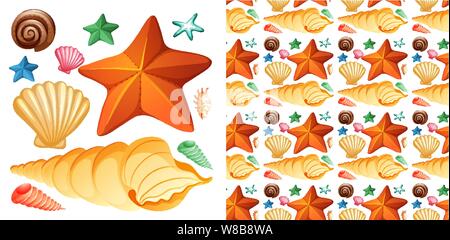 Seamless background design avec ensemble isolé de coquillages et d'étoiles de l'illustration Illustration de Vecteur