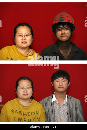 Cette image composite montre des photos d'un mineur de charbon chinois et sa femme après et avant il descendit dans une mine de charbon dans la ville de Huaibei, est de la Chine. Banque D'Images