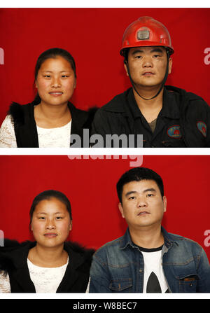 Cette image composite montre des photos d'un mineur de charbon chinois et sa femme après et avant il descendit dans une mine de charbon dans la ville de Huaibei, est de la Chine. Banque D'Images