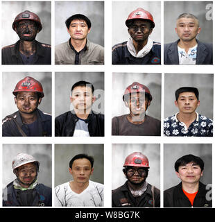 Cette photo composite présente les mineurs de charbon chinois avant et après avoir pris un bain dans une mine de charbon dans la ville de Huaibei, la Chine de l'est la province de l'Anhui, 18 mai 20 Banque D'Images