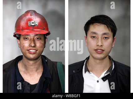 Cette photo composite présente un mineur de charbon chinois avant et après avoir pris un bain dans une mine de charbon dans la ville de Huaibei, la Chine de l'est la province de l'Anhui, 18 mai 2 Banque D'Images