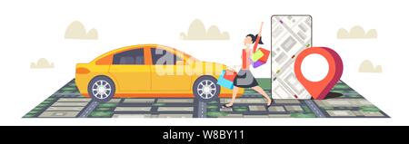 Femme à l'aide de la commande de navigation mobile smartphone taxi app avec emplacement sur le plan de la ville de position gps voiture concept partage cityscape haut angle view télévision fu Illustration de Vecteur
