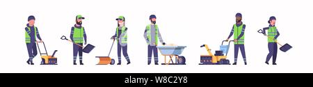 L'équipe de nettoyeurs de travailler ensemble le déneigement, le nettoyage des rues d'hiver service concept hommes femmes en uniforme à l'aide de différents outils et équipement complet télévision Illustration de Vecteur