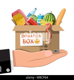 Boîte en carton plein de nourriture dans la main. Illustration de Vecteur