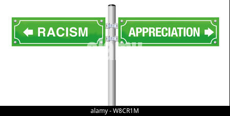 Le racisme appréciation panneau routier. Symbole contre la xénophobie, la discrimination, le harcèlement, les préjugés et la violence - illustration sur fond blanc. Banque D'Images