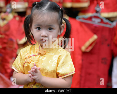 Cute little Thai girl porte une robe chinoise cheongsam (jaune) pendant le Nouvel An chinois et accueille avec le traditionnel geste wai. Banque D'Images