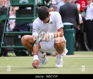 Le joueur de tennis Serbe Novak Djokovic Centre de toucher l'herbe de la Cour après avoir remporté le tournoi de Wimbledon 2019, Londres, Angleterre, Royaume-Uni Banque D'Images