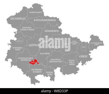 Suhl en surbrillance dans la carte rouge de Thuringe, Allemagne Banque D'Images