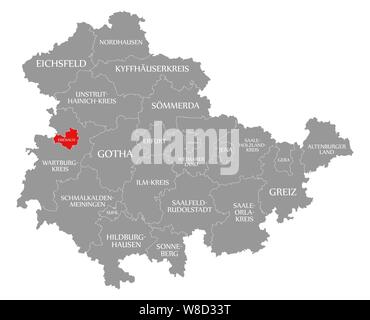 Eisenach en évidence dans la carte rouge de Thuringe, Allemagne Banque D'Images
