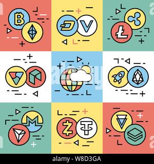 Devise Crypto ligne fine fond couleur isolé icônes vector illustration Illustration de Vecteur