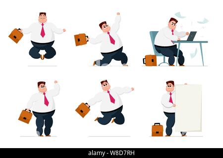 Collection situations d'homme d'affaires. Les hommes d'affaires de travail de gros de bureau dans différentes poses et expressions. Jeu d'actions et d'émotions des personnages de dessin animé du Manager. Illustration de caractères vectoriels Illustration de Vecteur