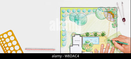 Plan d'architecte paysagiste jardin conception de villa Banque D'Images