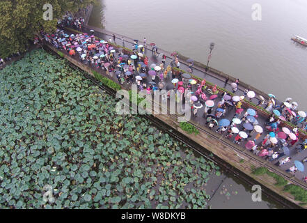 Les touristes des parasols à pied par le pont cassé sur le lac de l'Ouest dans la pluie dans la ville de Hangzhou, Zhejiang Province de Chine orientale, 4 octobre 2 Banque D'Images