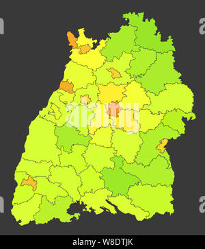 Population Bade-wurtemberg carte thermique indiquées dans divers niveaux de couleur Banque D'Images