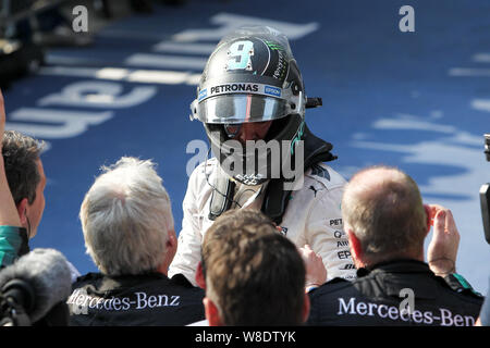 Lewis Hamilton de la Grande-Bretagne de Mercedes célèbre avec les membres de l'équipe après avoir remporté le 2015 Formule 1 Grand Prix de Chine au Shanghai International Ci Banque D'Images