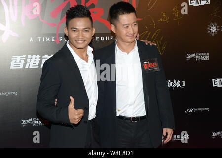 L'acteur chinois Wu Jing, droite, et acteur thaïlandais Tony Jaa posent au cours d'une première pour leur film "PL 2 : un temps pour ses conséquences" à Hong Kong, Chine, 8 J Banque D'Images