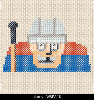 Point de croix, le joueur de hockey head close up with helmet jersy et bâton de hockey sur un tissu stich Banque D'Images