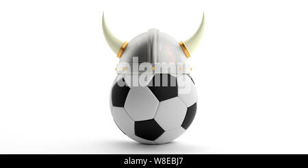 Viking et le football. Guerrier Viking hat avec des cornes sur un ballon de soccer isolés contre fond blanc, l'or d'informations, vue de face. 3d illustration Banque D'Images