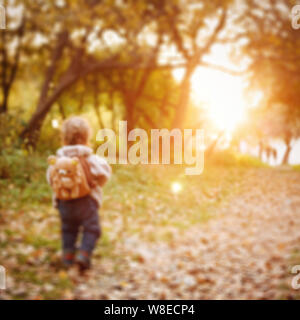 Peu de tout-petit marche dans le parc au coucher du soleil, vue de dos, floue et image flou artistique Banque D'Images