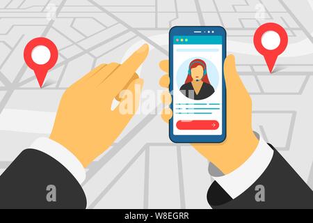 Smartphone portable avec application de surveillance de la livraison de suivi de transport, assistant avatar sur écran mobile et carte de la ville avec broches de localisation du navigateur de géolocalisation sur la route. Illustration du vecteur de routage Illustration de Vecteur
