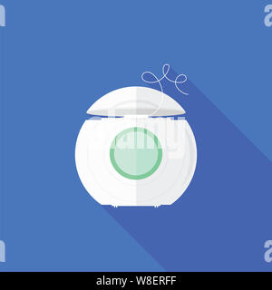 Fil dentaire icône sur fond bleu. Soins des dents. Boîte en plastique blanc avec étiquette verte pour la soie dentaire des dents. Symbole d'hygiène buccale. Chaîne médicale pour Corre Banque D'Images