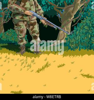 Hunter holding fumeurs shot gun dans un pré d'herbe jaune en face d'une forêt de tres et arbustes Illustration de Vecteur