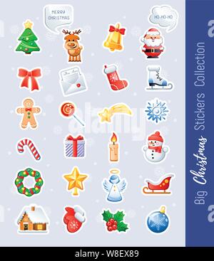 Grand Noël Autocollants Collection. Personnages mignons et les jours fériés. Vector illustration sans transparence. Illustration de Vecteur