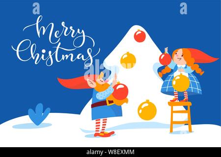 L'affiche de Noël design vector cartoon avec arbre de Noël décorer gnomes Illustration de Vecteur