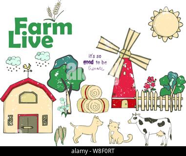 Série d'agriculteurs ou de travailleurs agricoles qui plantent des cultures, récoltent des récoltes, récoltent des pommes, nourrissent des animaux de ferme, portent des fruits, laiteuse Illustration de Vecteur