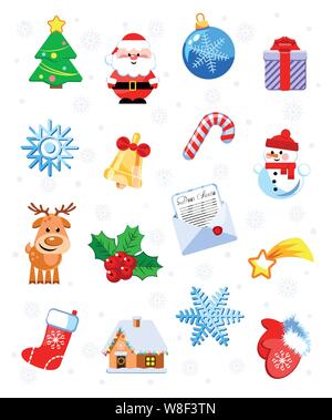 Ensemble de 16 drôle de Noël et Nouvel An d'icônes. Personnages de dessins animés. Vector illustration. Modèle plat, sans transparence. Illustration de Vecteur