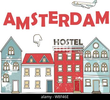 Pays-Bas, Amsterdam City line ensemble de voyage. Amsterdam City Outline ville vecteur illustration, symbole, sites touristiques, points de repère. Dessiné à la main Illustration de Vecteur