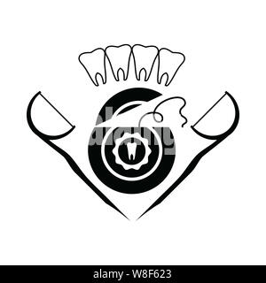 Fil dentaire icône sur fond blanc. Soins des dents. Boîte en plastique, avec étiquette pour la soie dentaire des dents. Symbole d'hygiène buccale. Chaîne médicale pour doux correctement Banque D'Images