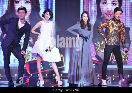 (De gauche) Shawn acteur chinois Wei Qianxiang, actrice taïwanaise Ivy Shao, chanteuse et actrice chinoise Zhang Xianzi et acteur Ji posent Ning lors d'une conférence de presse c Banque D'Images