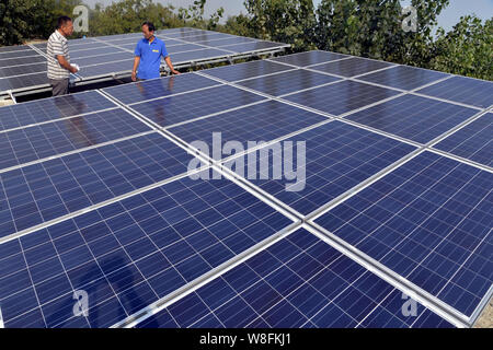 --FILE--travailleurs chinois vérifier des panneaux solaires à une centrale photovoltaïque dans Zhengzhuang Jiazhai village, ville, comté de Chiping, Linyi city, à l'Est Banque D'Images