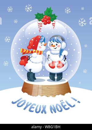 Joyeux Noël en langue française. Un globe de neige noël mignon avec un bonhomme de baisers à l'intérieur. Vector illustration. Illustration de Vecteur