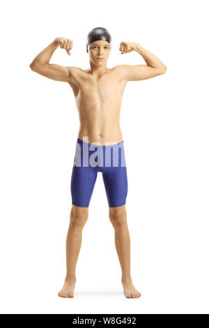 Portrait of a Teenage boy flexing muscules nageur isolé sur fond blanc Banque D'Images