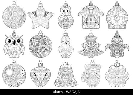 Zentangle de Noël stylisé ensemble de décorations. Illustration vecteur de dentelle à la main Illustration de Vecteur
