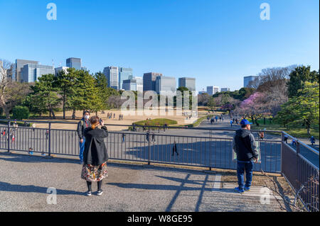 Marunouchi gratte-ciel vue depuis le donjon du château d'Edo avec site d'Honmaru Goten Palace en premier plan, les jardins de l'Est, le Palais Impérial, Tokyo, Japon Banque D'Images