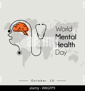 La Journée mondiale de la santé mentale et de la santé de cerveau avec logo icône cartoon vu de côté avec la tête des gens stéthoscope Illustration de Vecteur